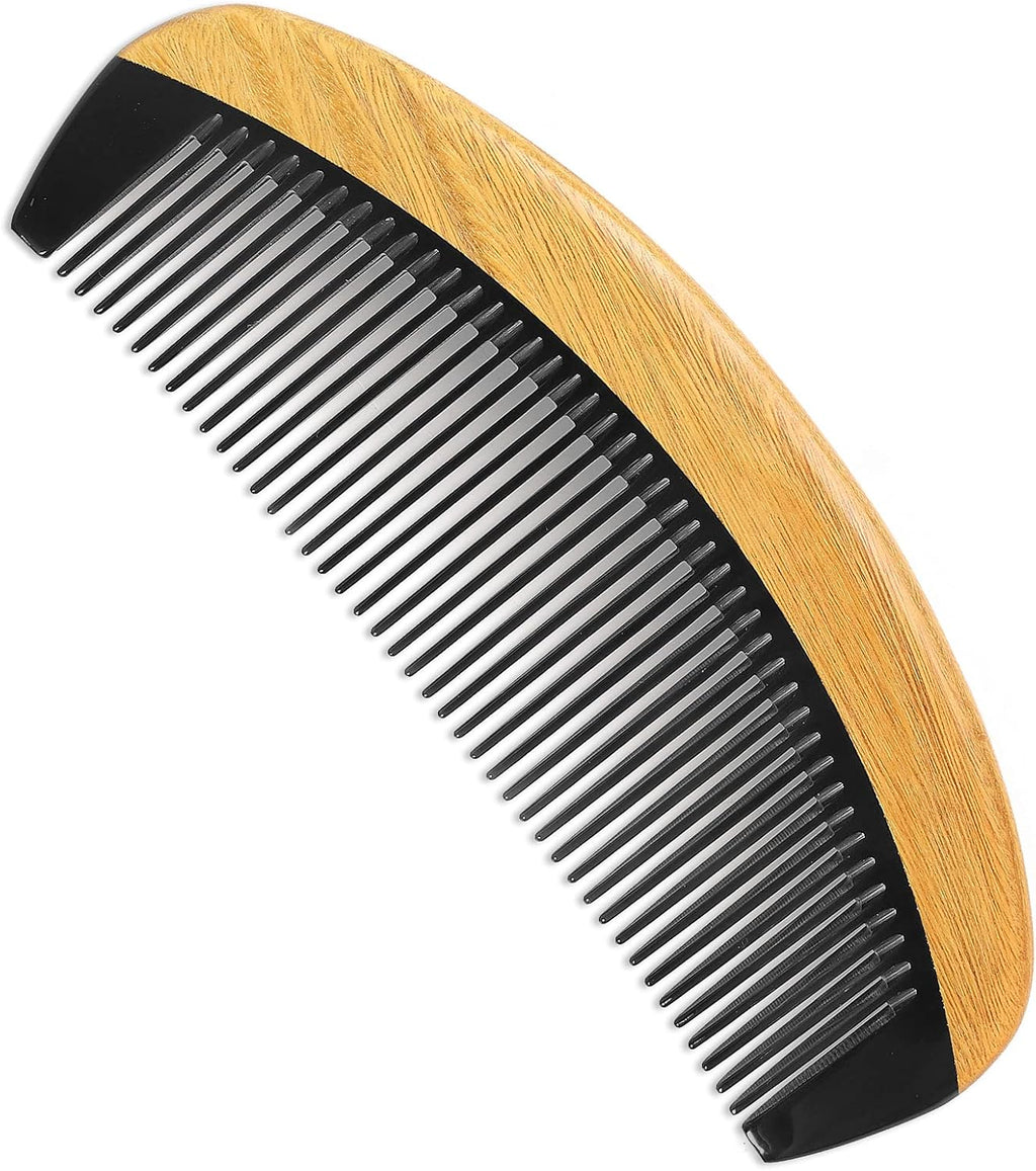 Handmade 100% Natural Green Sandalwood Hair Combs - Anti-Static Sandalwood Scent Natural Hair Detangler Wooden Comb (Buffalo Horn Oval Fine Tooth)