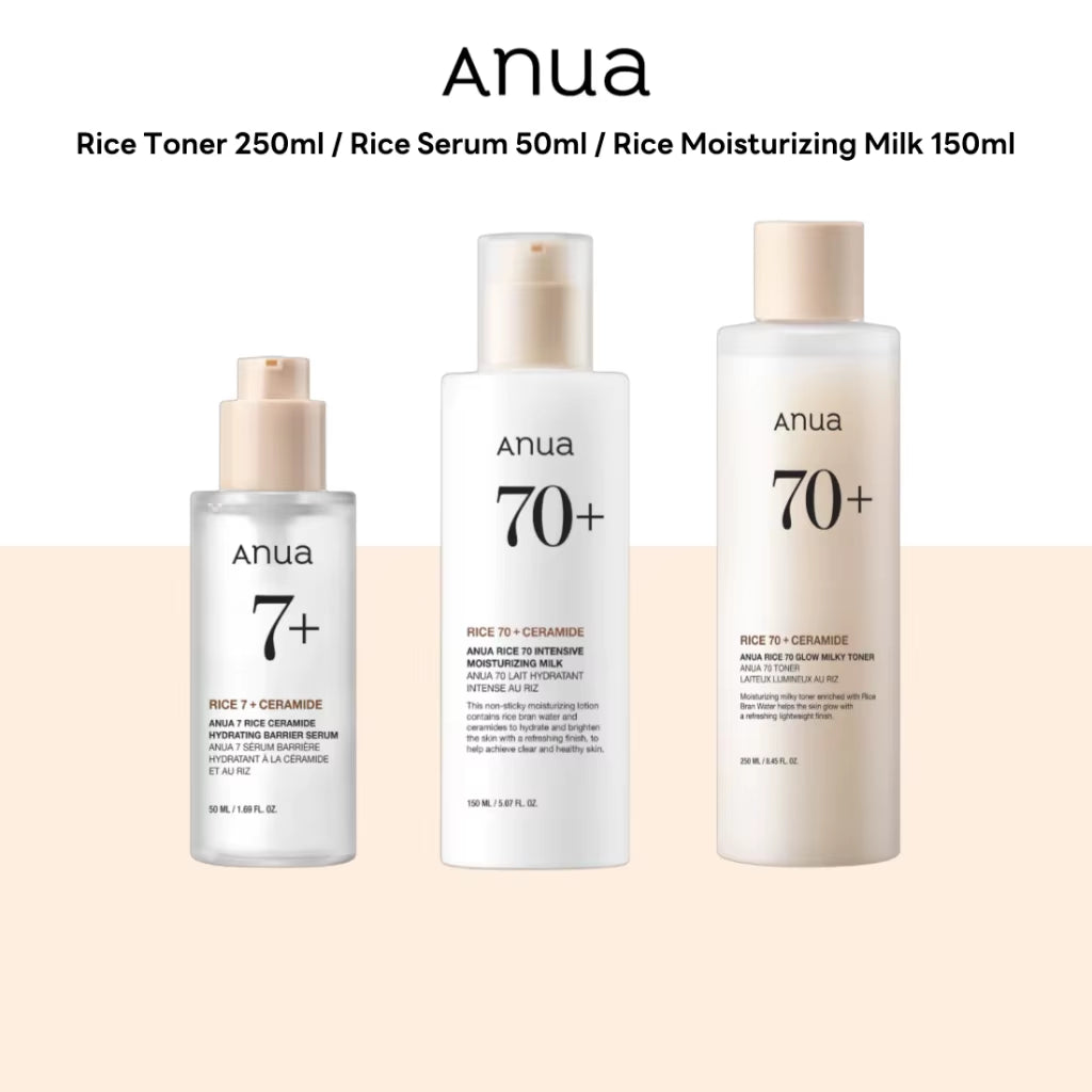 Anua Rice Hydrating Whitening Set Rice 70 Glow Milky Toner Face Acne Moisturizing Milk Lotion 7 Hydration Serum Daily Skin Care
