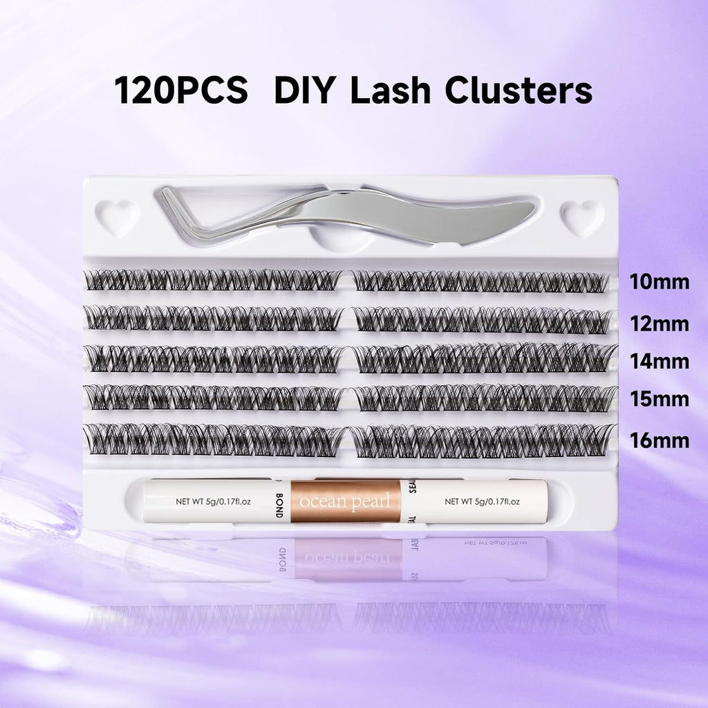 Individual Lashes 120 Cluster Lashes DIY Eyelash Extension Thin Band Wide Stem Lash Clusters with Applicator and Lash Bond and Seal Lash Extension Kit Mix 10-16Mm Length C/D Curl - OP01