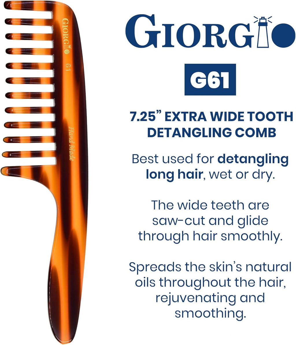 G61 Large Coarse Hair Detangling Comb, Wide Teeth for Long Thick Curly Wavy Hair. Hair Detangler Comb for Wet and Dry. Handmade Rake Comb Saw-Cut from Cellulose Hand Polished Tortoise Shell