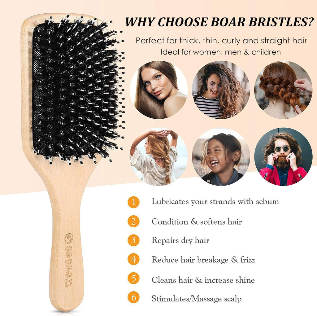 Hair Brush,  Boar Bristle Paddle Hairbrush for Long Short Thick Thin Curly Straight Wavy Dry Hair for Men Women Kids, No More Tangle, Giftbox & Tail Comb Included