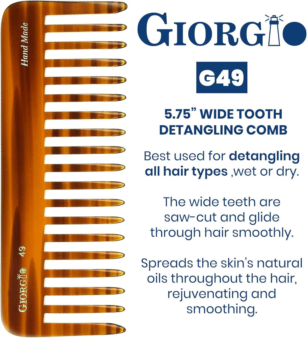 G49 Large 5.75 Inch Hair Detangling Comb, Wide Teeth for Thick Curly Wavy Hair. Long Hair Detangler Comb for Wet and Dry. Handmade of Quality Cellulose, Saw-Cut, Hand Polished, Tortoise Shell