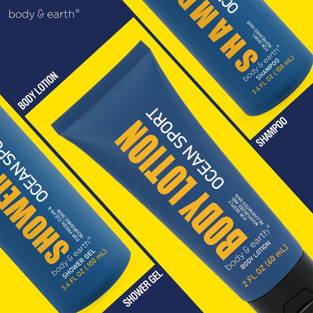 Spa Gifts Set for Men, 3Pcs Bath Gift Box with Fresh Ocean Scent, Body and Earth Bodywash Set with Shower Gel, Body Lotion and Shampoo. Birthday Fathers Day Gifts Baskets for Him, Dad, Husband, Boyfriend