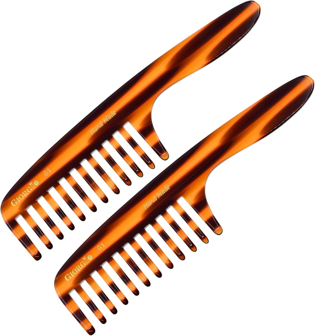 G61 Large Coarse Hair Detangling Comb, Wide Teeth for Long Thick Curly Wavy Hair. Hair Detangler Comb for Wet and Dry. Handmade Rake Comb Saw-Cut from Cellulose Hand Polished Tortoise Shell