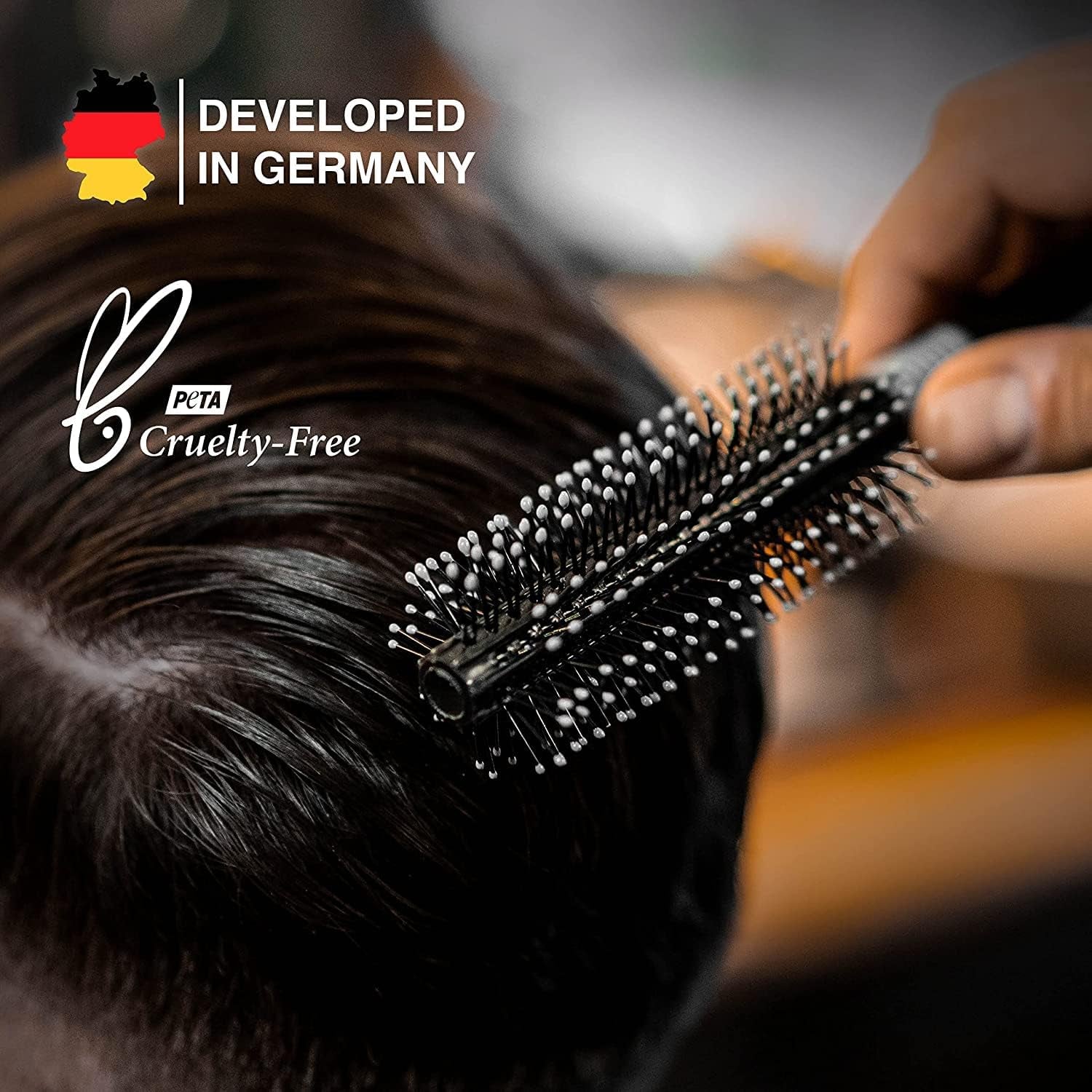 round Hair Brush for Men - 18 Cm, Black Double-Sided Barrel - Quiff Roller for Blow Dry Hair Styling & Beard round Brush for Men Rotating Volume Control