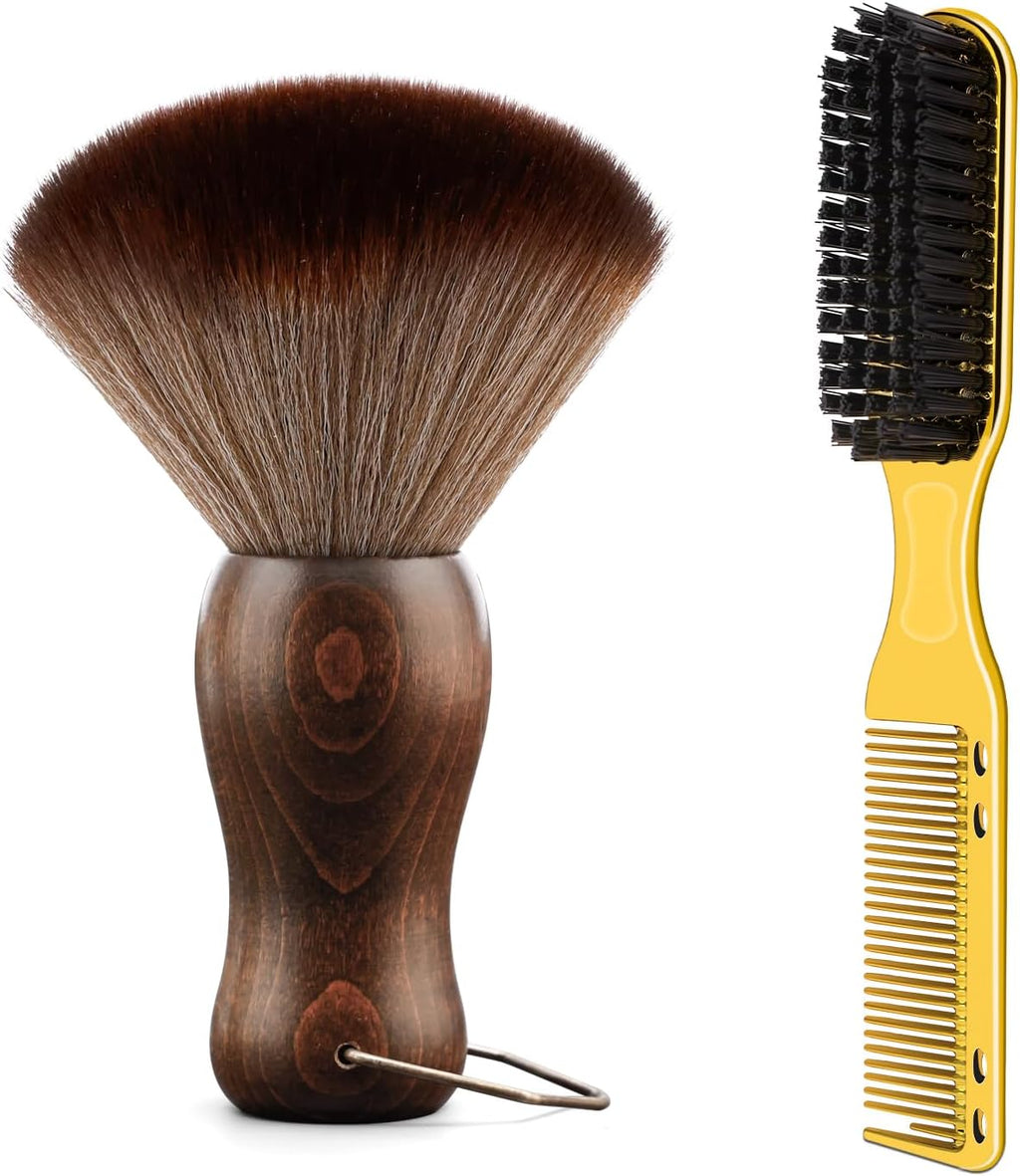 Barber Neck Duster Brush Wood Handle with Hook for Hair Cutting… (Neck Brush+Gold Comb Brush)