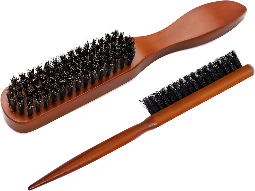 Boar Bristle Hair Brush, 2 PCS Bristle Hair Brush for Women Men, Slick Back Brush Boar Bristle Hairbrush for Thin Fine Wet Dry Hair Smoothing Massaging Detangling