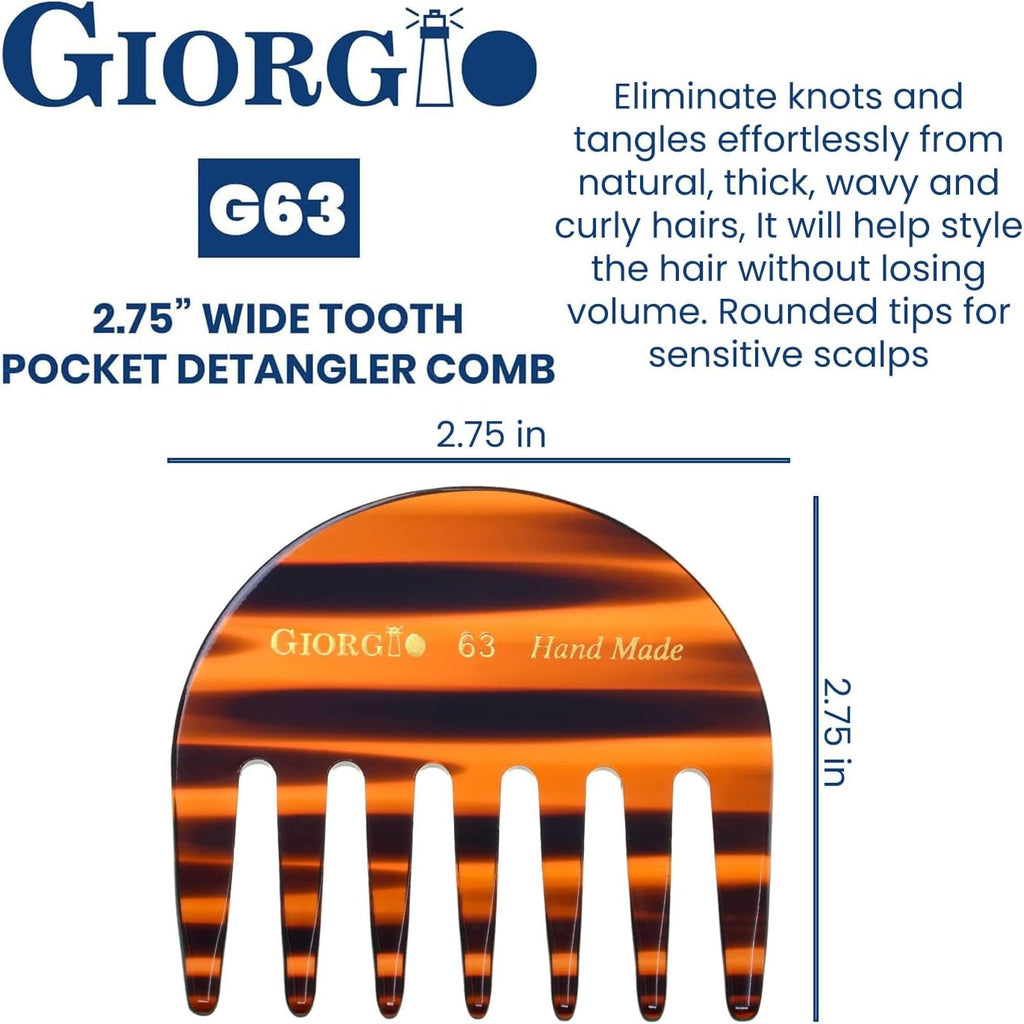G63 Small Travel Purse Hair Detangling Comb, Wide Teeth Pocket Comb for Thick Curly Wavy Hair. Detangler for Wet and Dry Everyday Care. Handmade of Cellulose, Saw-Cut Hand Polished