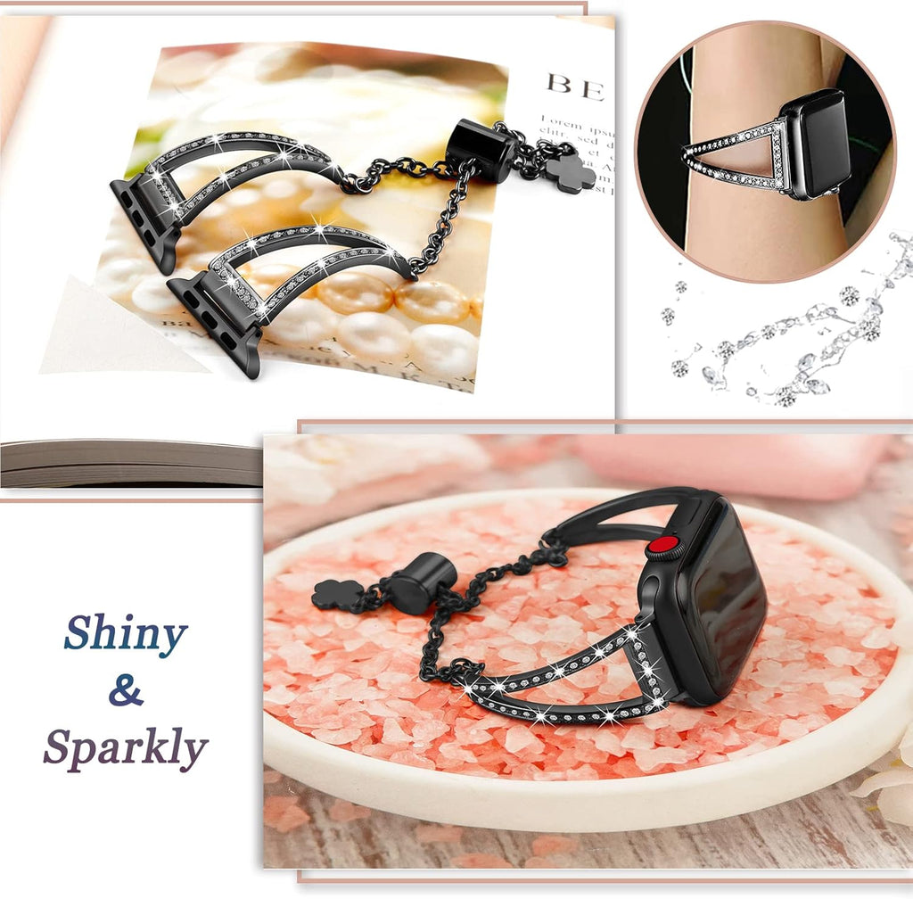 Bling Bands Compatible for Apple Watch Bracelets 38Mm 40Mm 41Mm 42Mm Women,Metal Jewelry Rhinestone Adjustable Straps Bracelets for Apple Watch Series 10 9 8 7 6 4 3 2 1 SE SE2 Iwatch Band Black