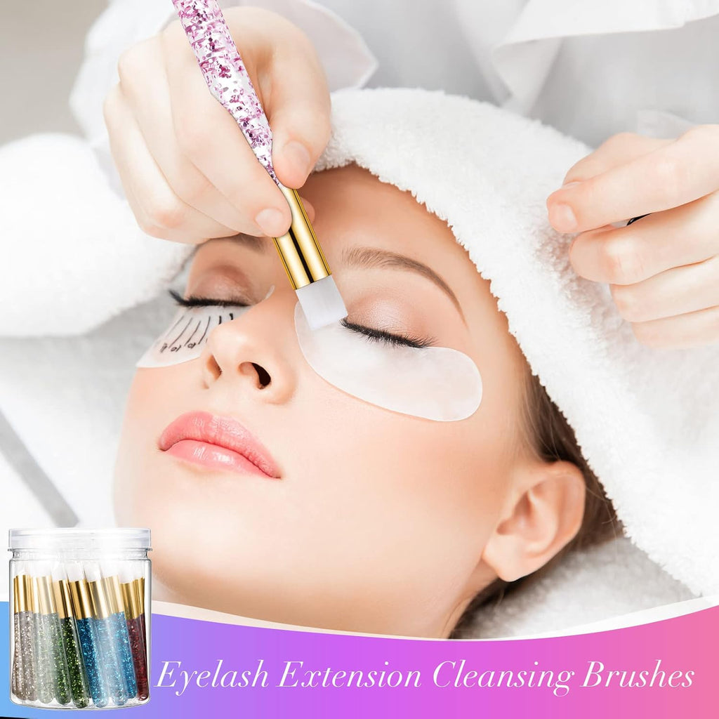 50 Pcs Crystal Lash Shampoo Brushes with Container Glitter Eyelash Extension Cleanser Brush Cosmetic Lash Cleansing Brush Facial Nose Pore Deep Cleaning Brush, Gold, Pink, Red, Green, Blue