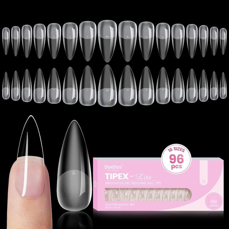 Beetles Tipex Lite Apex Nail Tips, 96PCS 256PCS 512PCS Stiletto Square Almond Coffin Pre-Building Pre-Etched Acrylic Nail Tips for Flat Nails & C-Curves Nail Beds