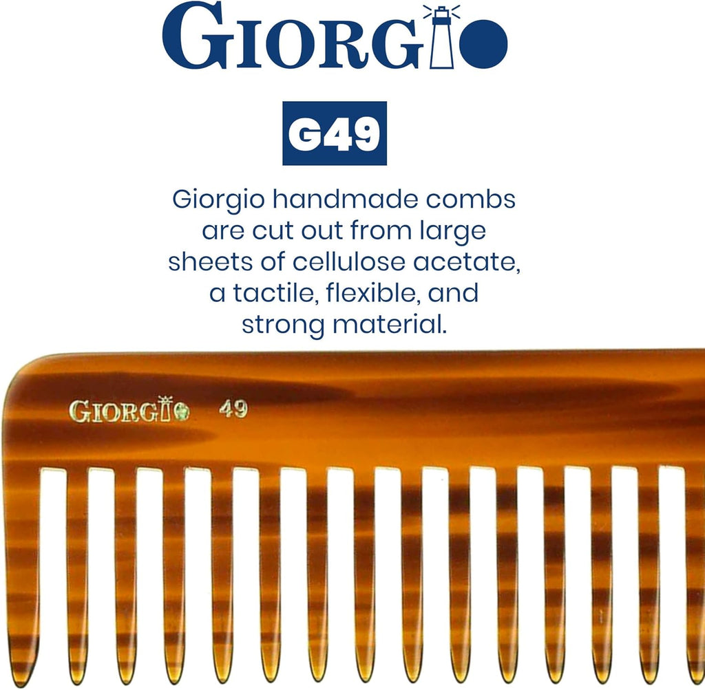 G49 Large 5.75 Inch Hair Detangling Comb, Wide Teeth for Thick Curly Wavy Hair. Long Hair Detangler Comb for Wet and Dry. Handmade of Quality Cellulose, Saw-Cut, Hand Polished, Tortoise Shell