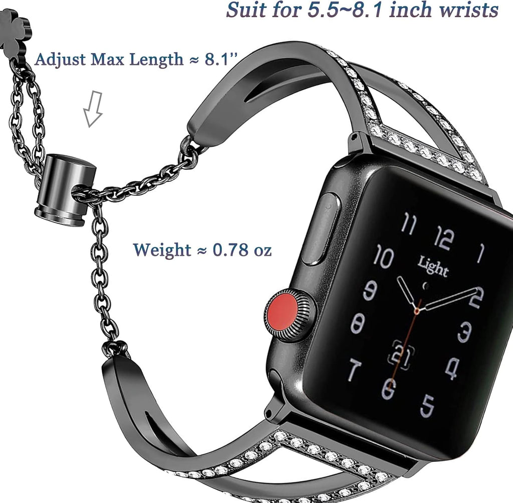 Bling Bands Compatible for Apple Watch Bracelets 38Mm 40Mm 41Mm 42Mm Women,Metal Jewelry Rhinestone Adjustable Straps Bracelets for Apple Watch Series 10 9 8 7 6 4 3 2 1 SE SE2 Iwatch Band Black