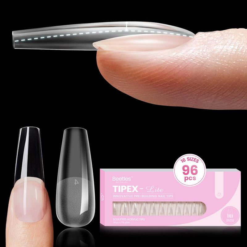 Beetles Tipex Lite Apex Nail Tips, 96PCS 256PCS 512PCS Stiletto Square Almond Coffin Pre-Building Pre-Etched Acrylic Nail Tips for Flat Nails & C-Curves Nail Beds