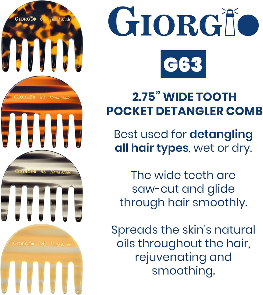 G63 Small Travel Purse Hair Detangling Comb, Wide Teeth Pocket Comb for Thick Curly Wavy Hair. Detangler for Wet and Dry Everyday Care. Handmade of Cellulose, Saw-Cut Hand Polished