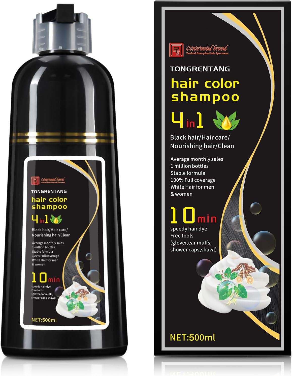 Hair Dye Shampoo 100% Coverage White Hair for Women & Men, Hair Color Shampoo 4 in 1 Long Lasting Professional Hair Care 500ML