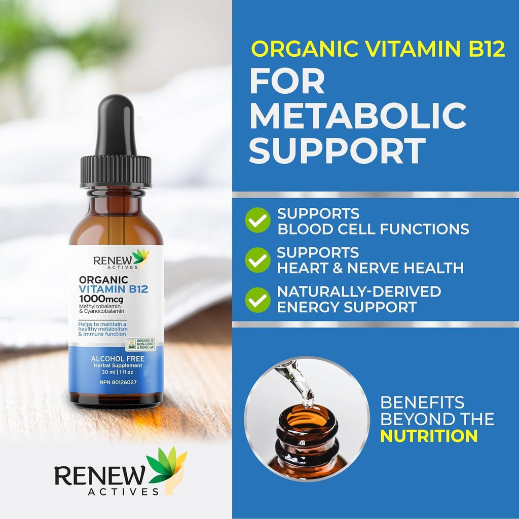 Premium B12 Liquid Extract Supplement 1000MCG per 1 Ml – Vegan Drops with High-Potency Complex for Healthy Skin, Strong Nails, Vibrant Hair & Immune Support– Made in Canada - 30 Ml