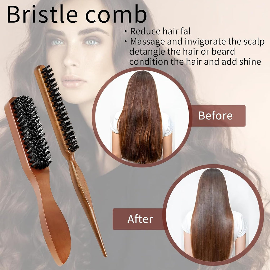 Boar Bristle Hair Brush, 2 PCS Bristle Hair Brush for Women Men, Slick Back Brush Boar Bristle Hairbrush for Thin Fine Wet Dry Hair Smoothing Massaging Detangling