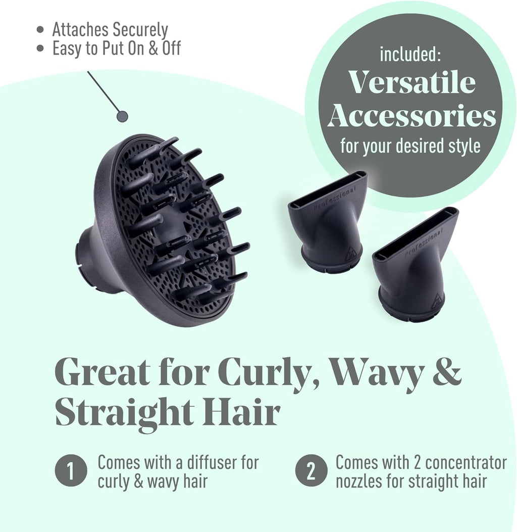 Dragonfly Ionic Hair Dryer with Diffuser | Lightweight Professional Hair Dryer | Smart Negative Ion | High Speed Hair Dryer | Brushless Ionic Blow Dryer | Low EMF