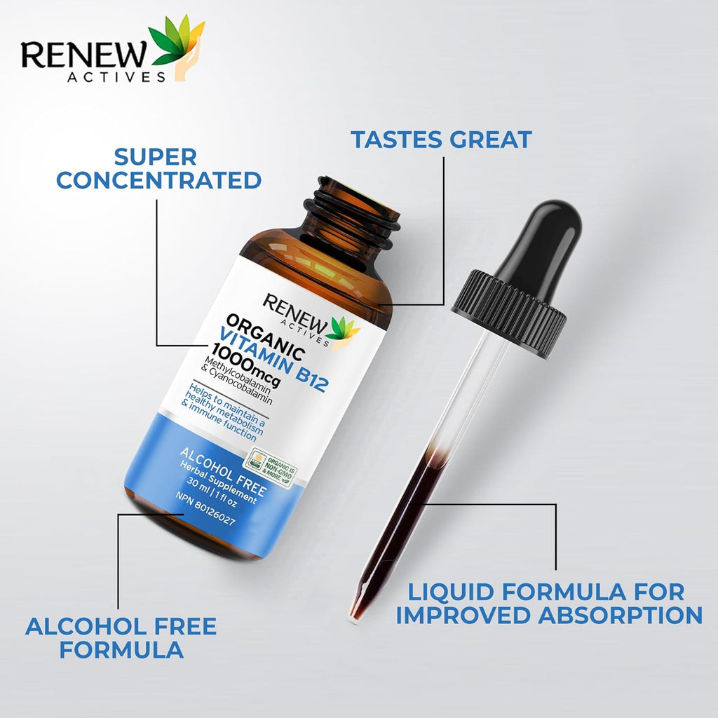 Premium B12 Liquid Extract Supplement 1000MCG per 1 Ml – Vegan Drops with High-Potency Complex for Healthy Skin, Strong Nails, Vibrant Hair & Immune Support– Made in Canada - 30 Ml
