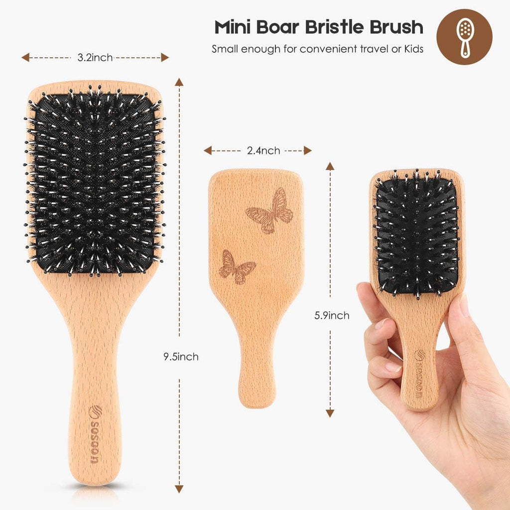 Hair Brush, 2 Pack Boar Bristle Paddle Hairbrush for Women Men Kids Reducing Frizzy, No More Tangle, Small Travel Brush Tail Comb & Giftbox Included
