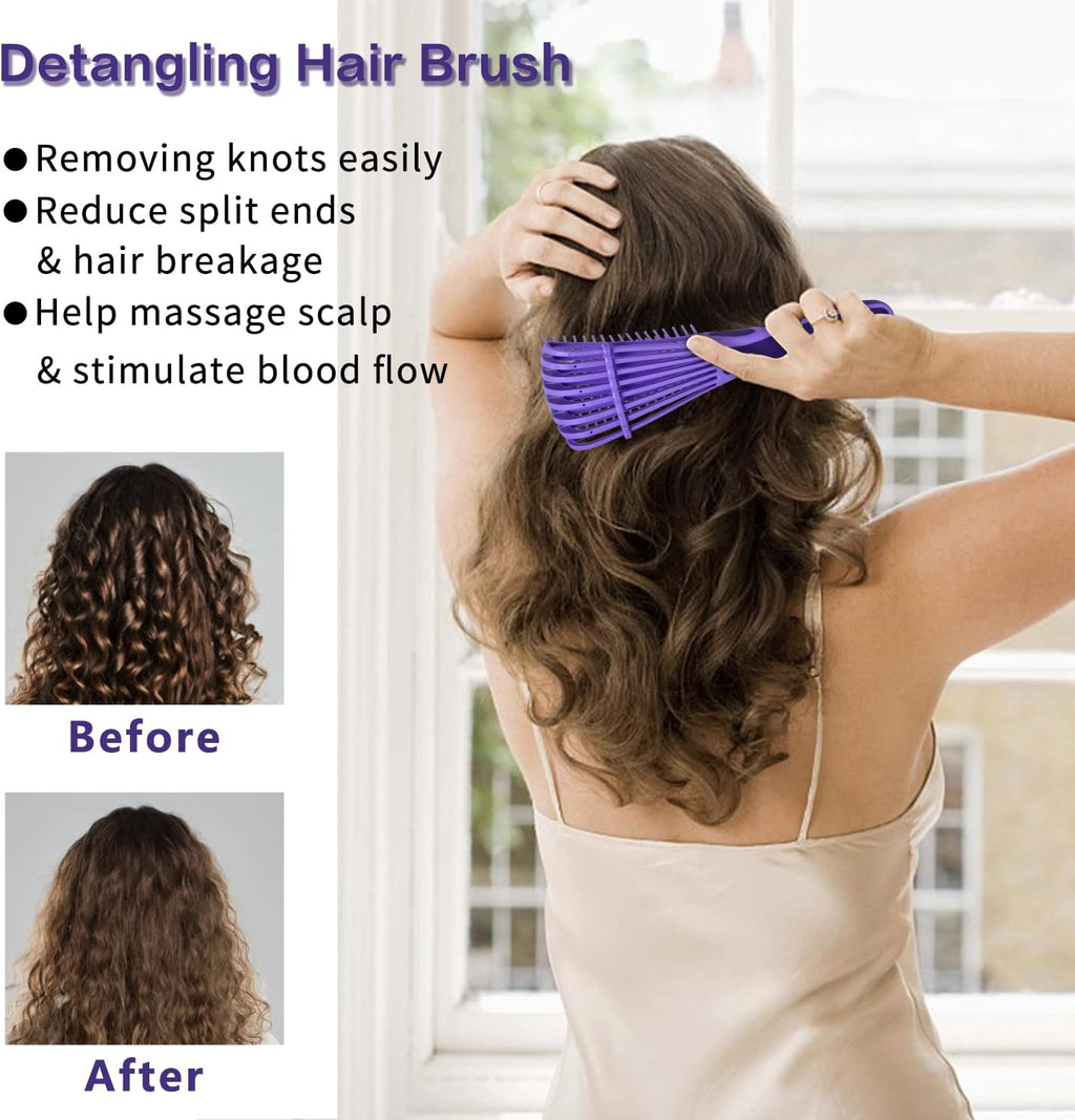 EZ Detangler Brush Set,  Detangling Hair Brush for Black Natural Hair Wide Tooth Comb with Rat Tail Comb 5PCS Alligator Clips for Men Women Kids(Purple)