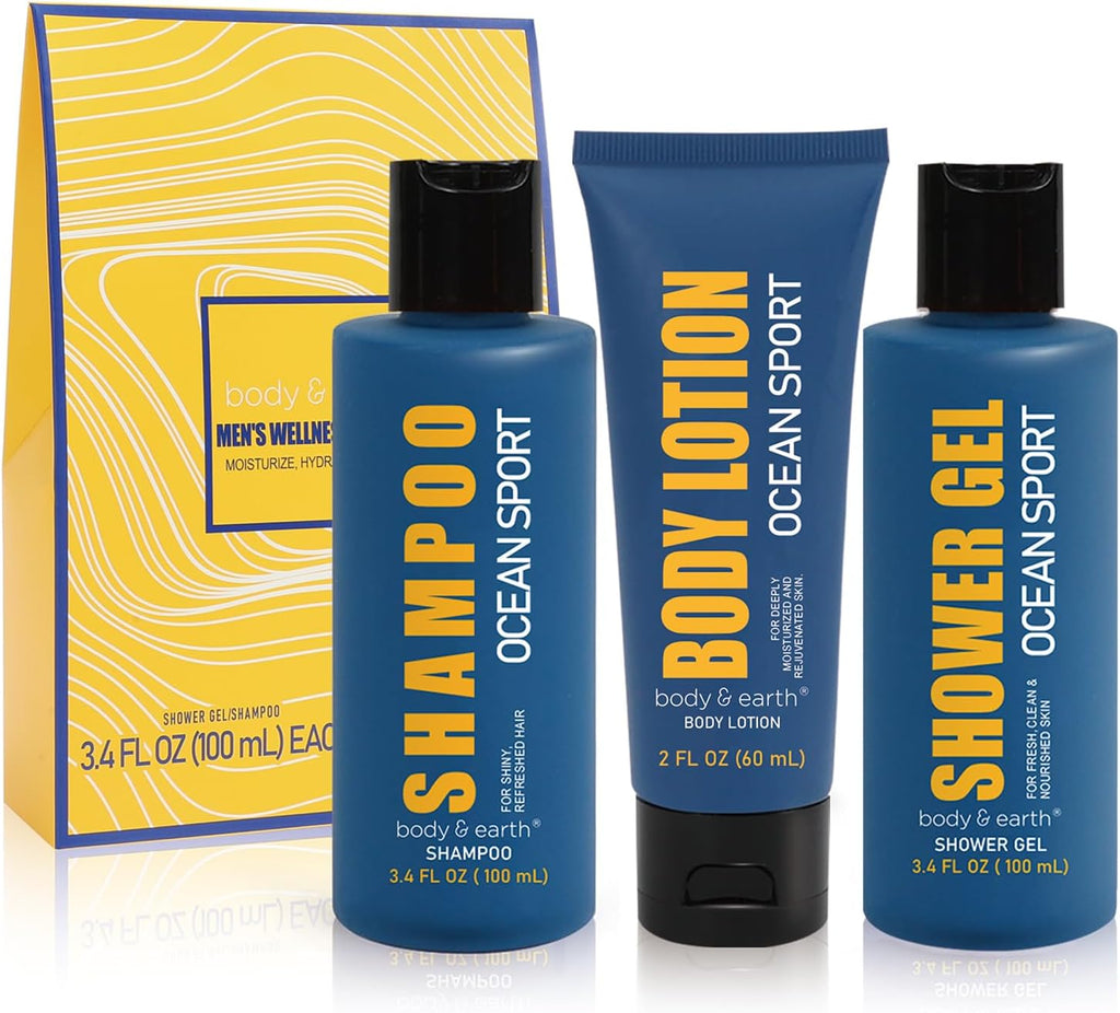 Spa Gifts Set for Men, 3Pcs Bath Gift Box with Fresh Ocean Scent, Body and Earth Bodywash Set with Shower Gel, Body Lotion and Shampoo. Birthday Fathers Day Gifts Baskets for Him, Dad, Husband, Boyfriend