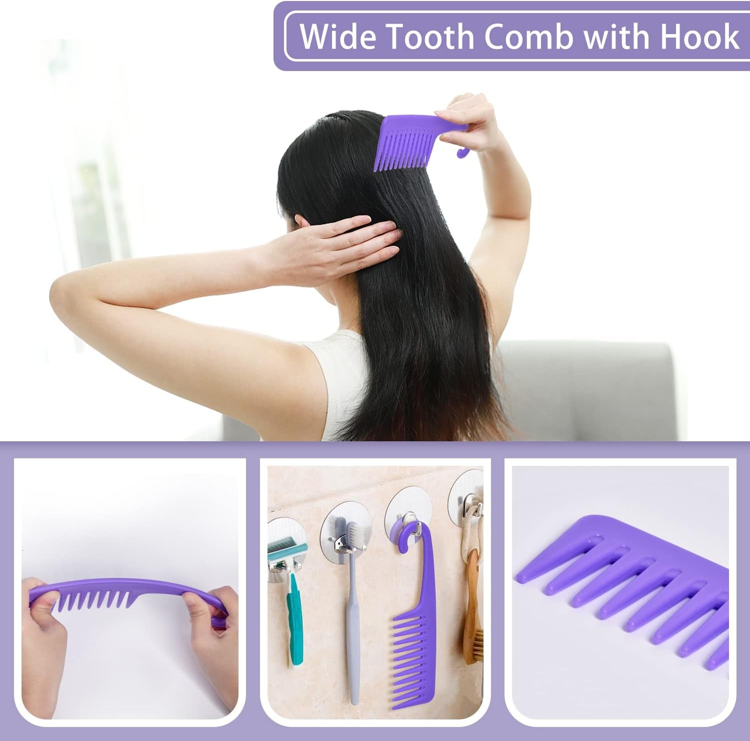 EZ Detangler Brush Set,  Detangling Hair Brush for Black Natural Hair Wide Tooth Comb with Rat Tail Comb 5PCS Alligator Clips for Men Women Kids(Purple)
