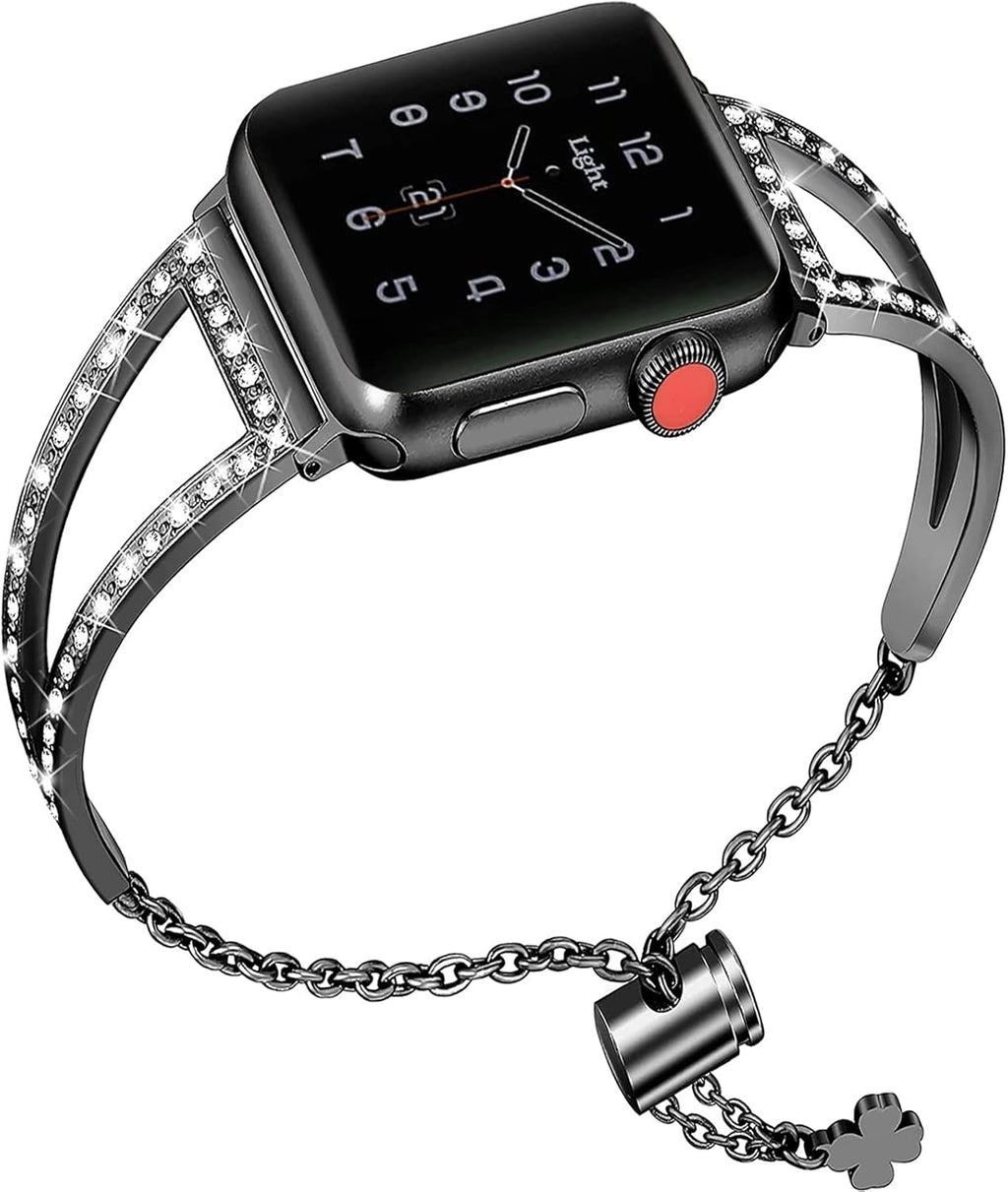 Bling Bands Compatible for Apple Watch Bracelets 38Mm 40Mm 41Mm 42Mm Women,Metal Jewelry Rhinestone Adjustable Straps Bracelets for Apple Watch Series 10 9 8 7 6 4 3 2 1 SE SE2 Iwatch Band Black
