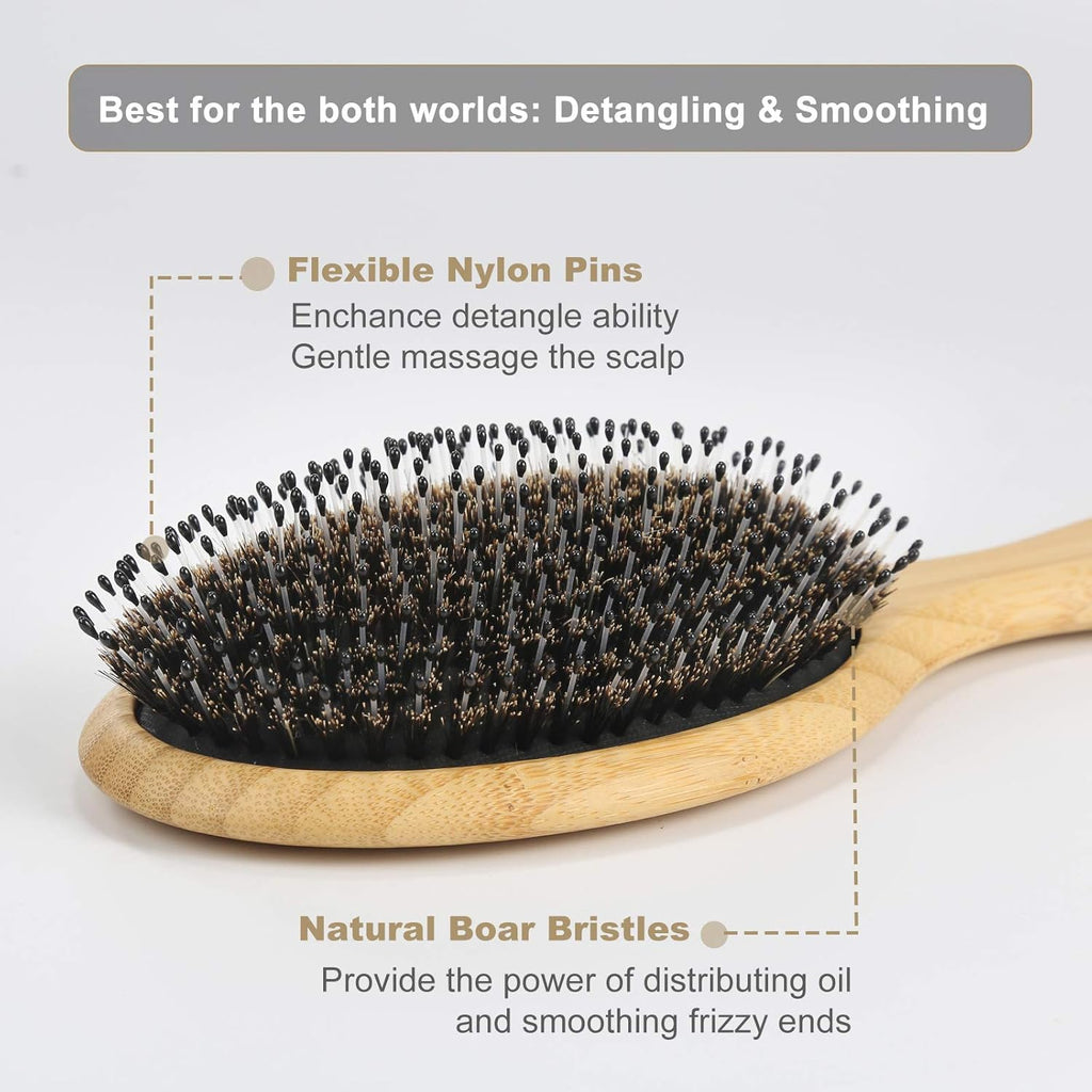 Hair Brush Set,  Boar Bristle Hair Brush Set with Detangling Nylon Pin, Home & Travel Hair Brushes for Women Men Kid All Wet or Dry Hair'S Detangle, Massage, Add Shine (Oval)