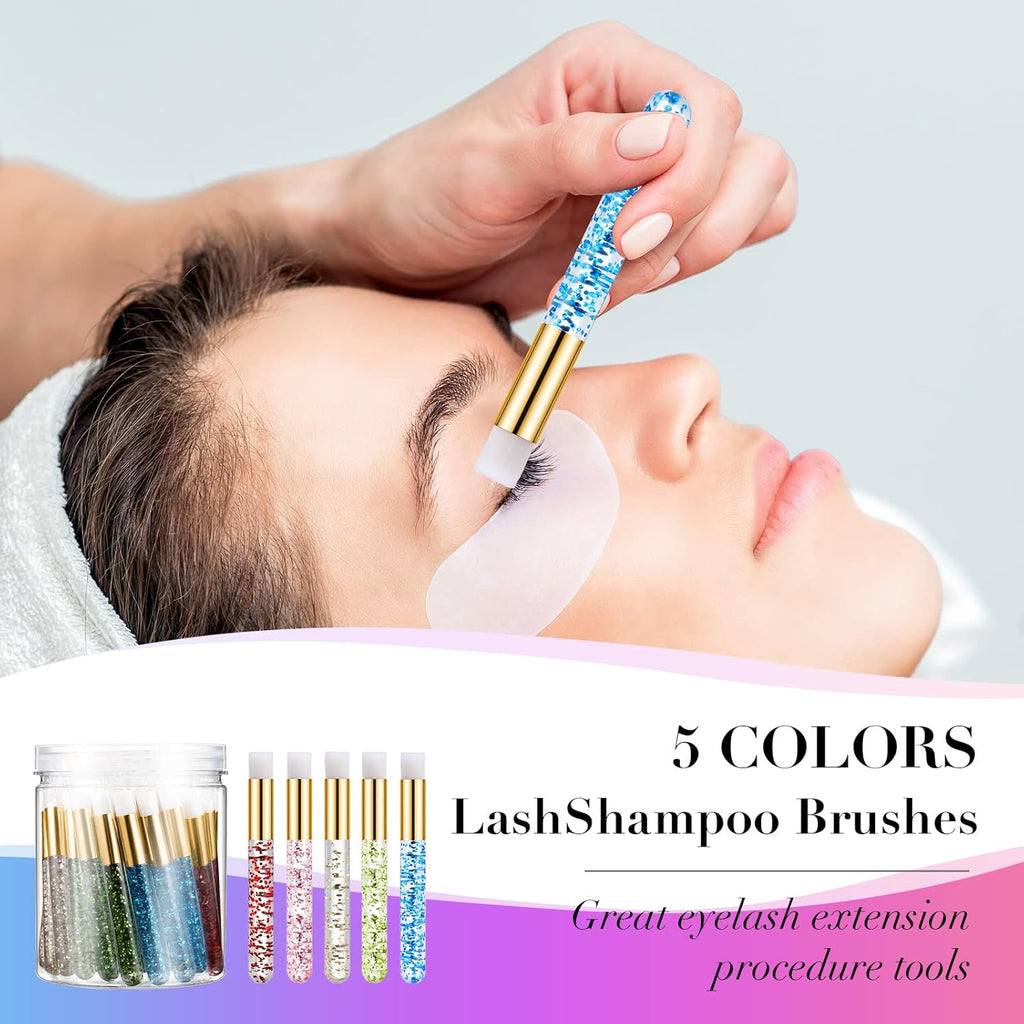 50 Pcs Crystal Lash Shampoo Brushes with Container Glitter Eyelash Extension Cleanser Brush Cosmetic Lash Cleansing Brush Facial Nose Pore Deep Cleaning Brush, Gold, Pink, Red, Green, Blue