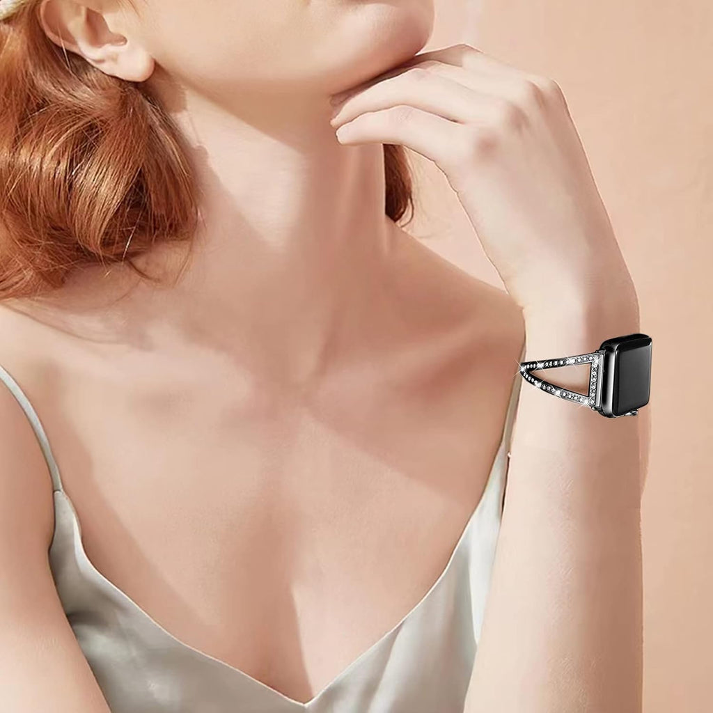 Bling Bands Compatible for Apple Watch Bracelets 38Mm 40Mm 41Mm 42Mm Women,Metal Jewelry Rhinestone Adjustable Straps Bracelets for Apple Watch Series 10 9 8 7 6 4 3 2 1 SE SE2 Iwatch Band Black