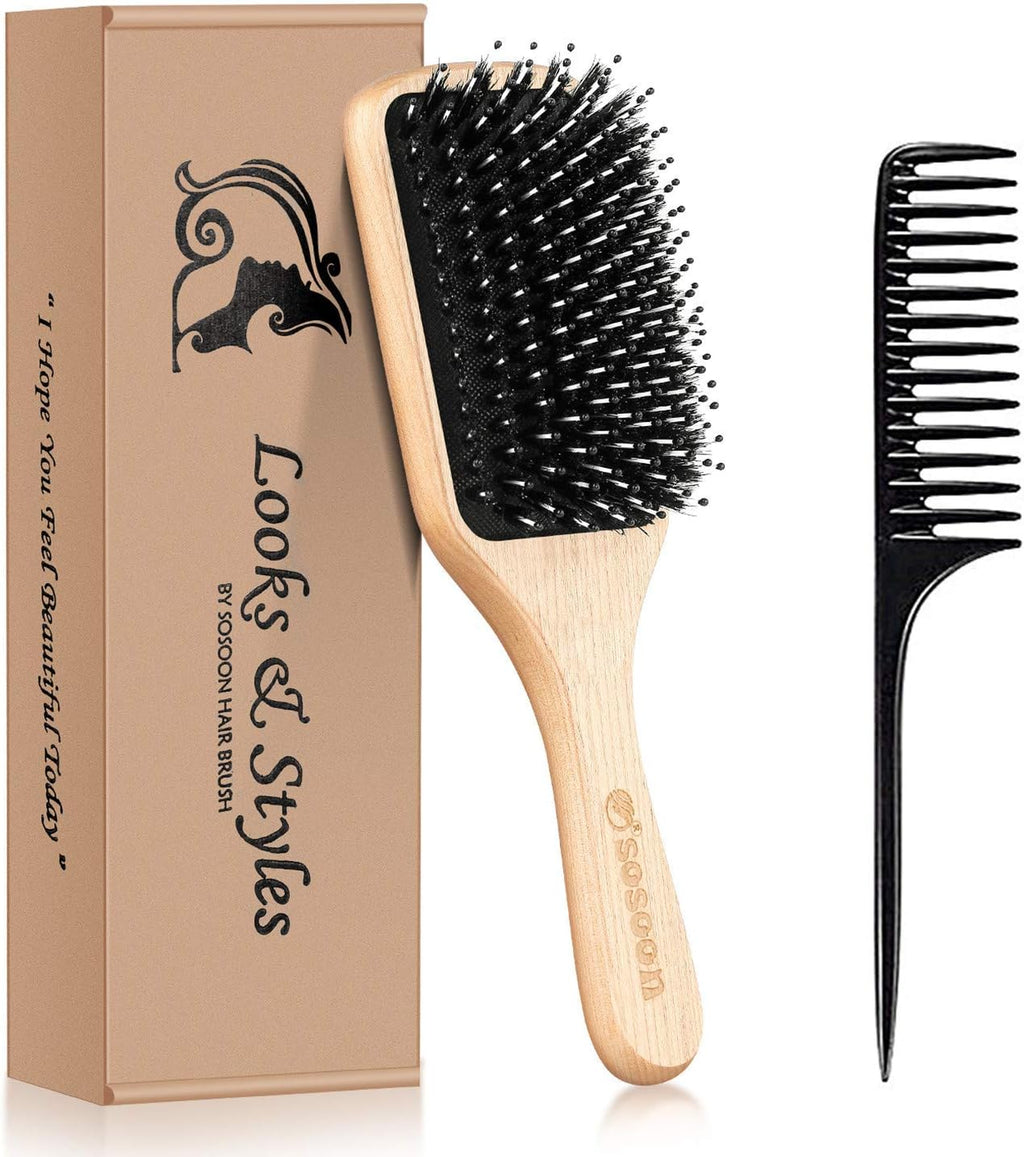 Hair Brush,  Boar Bristle Paddle Hairbrush for Long Short Thick Thin Curly Straight Wavy Dry Hair for Men Women Kids, No More Tangle, Giftbox & Tail Comb Included