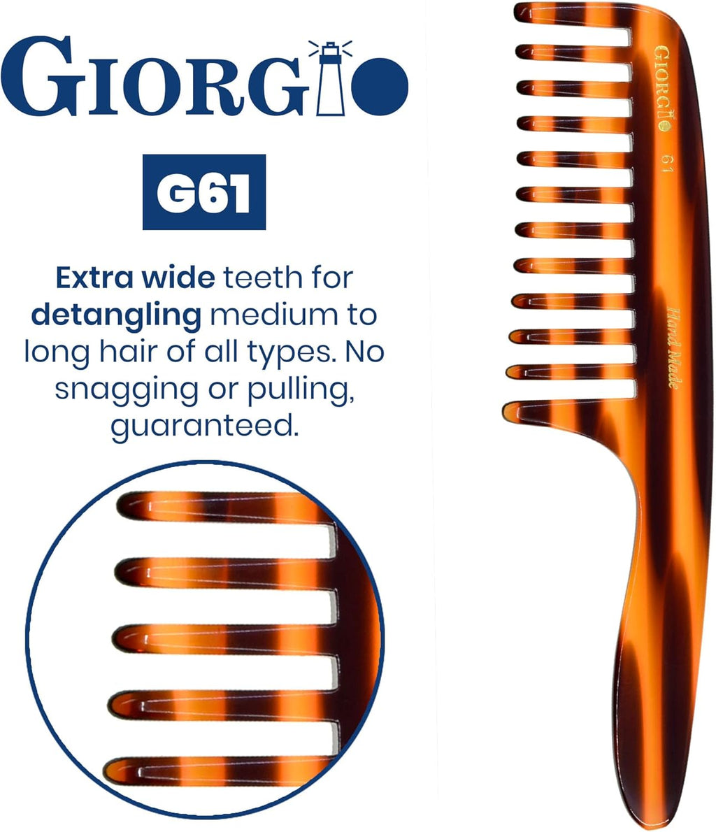 G61 Large Coarse Hair Detangling Comb, Wide Teeth for Long Thick Curly Wavy Hair. Hair Detangler Comb for Wet and Dry. Handmade Rake Comb Saw-Cut from Cellulose Hand Polished Tortoise Shell