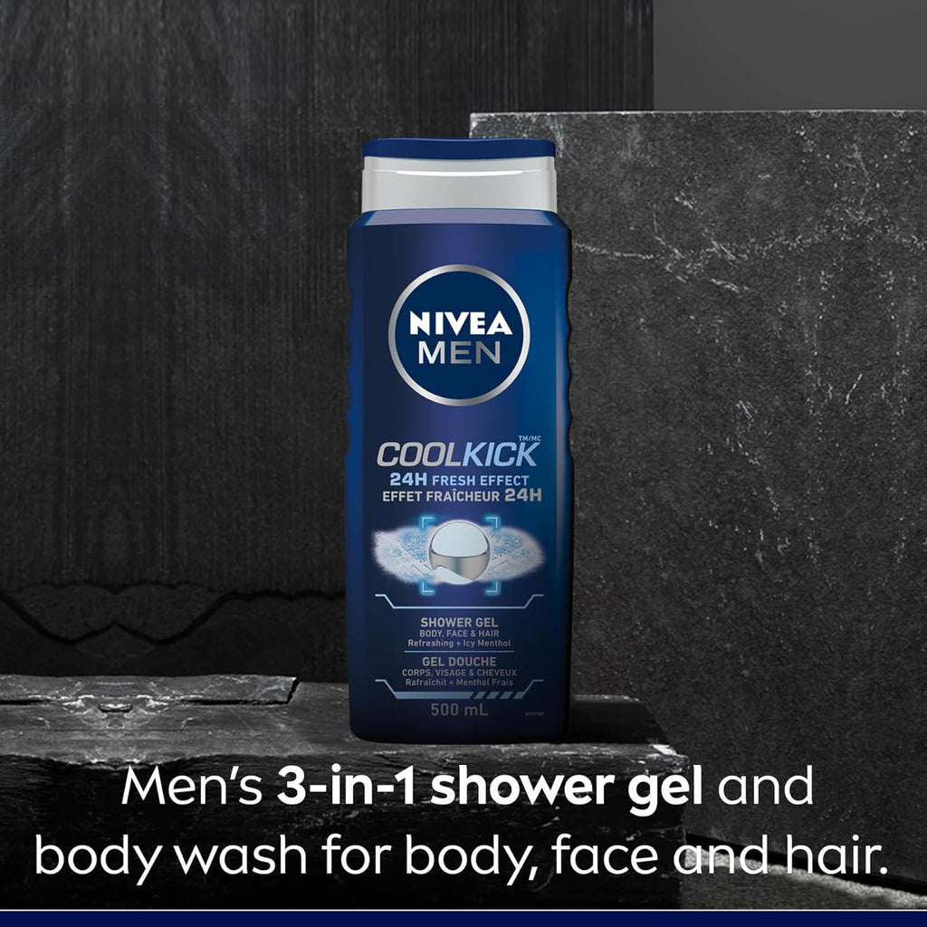 MEN Cool Kick Body Wash | 3-In-1 Men Shower Gel (Body, Face & Hair), 3X500Ml & MEN Active Lip Balm, (2 X 4.8G) | Made with Jojoba Oil & Shea Butter, 24H Hydration