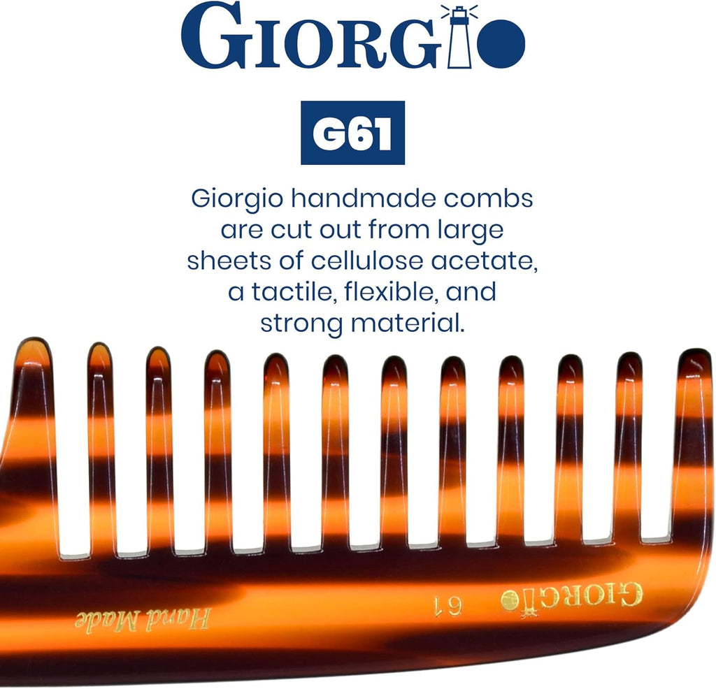 G61 Large Coarse Hair Detangling Comb, Wide Teeth for Long Thick Curly Wavy Hair. Hair Detangler Comb for Wet and Dry. Handmade Rake Comb Saw-Cut from Cellulose Hand Polished Tortoise Shell