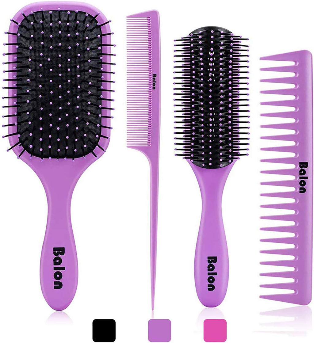 (Purple) - 4Pcs Hair Brush Women, Hair Comb for Women and Detangling Paddle Brush, Great on Wet or Dry Hair, No More Tangle Hair Brush Set for Straight Long Thick Curly Natural Hair (Purple)