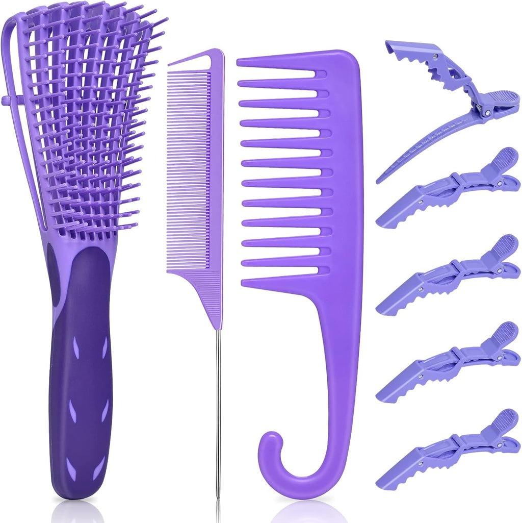 EZ Detangler Brush Set,  Detangling Hair Brush for Black Natural Hair Wide Tooth Comb with Rat Tail Comb 5PCS Alligator Clips for Men Women Kids(Purple)