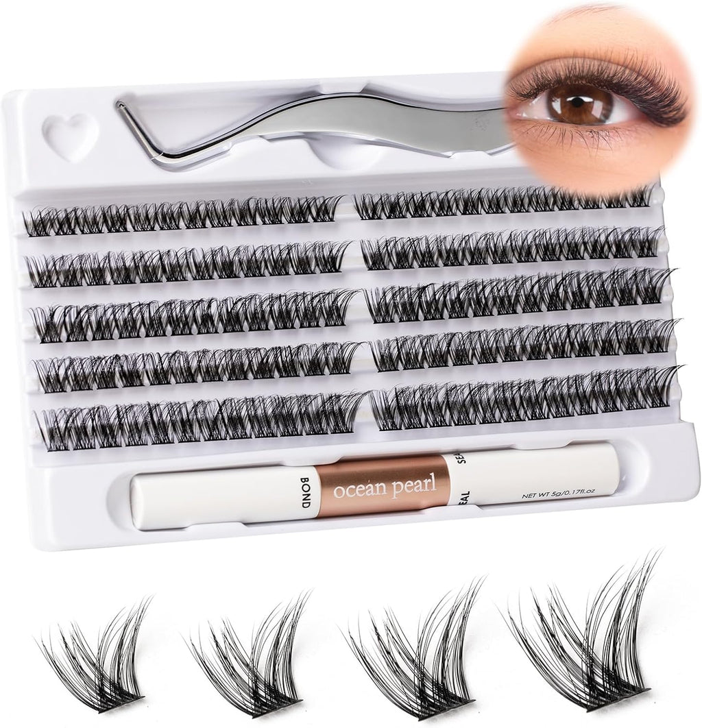 Individual Lashes 120 Cluster Lashes DIY Eyelash Extension Thin Band Wide Stem Lash Clusters with Applicator and Lash Bond and Seal Lash Extension Kit Mix 10-16Mm Length C/D Curl - OP01