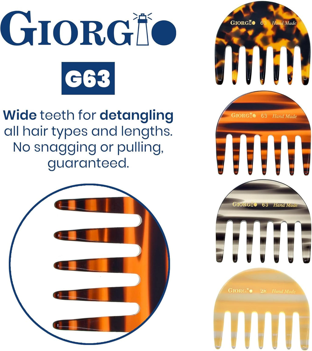 G63 Small Travel Purse Hair Detangling Comb, Wide Teeth Pocket Comb for Thick Curly Wavy Hair. Detangler for Wet and Dry Everyday Care. Handmade of Cellulose, Saw-Cut Hand Polished
