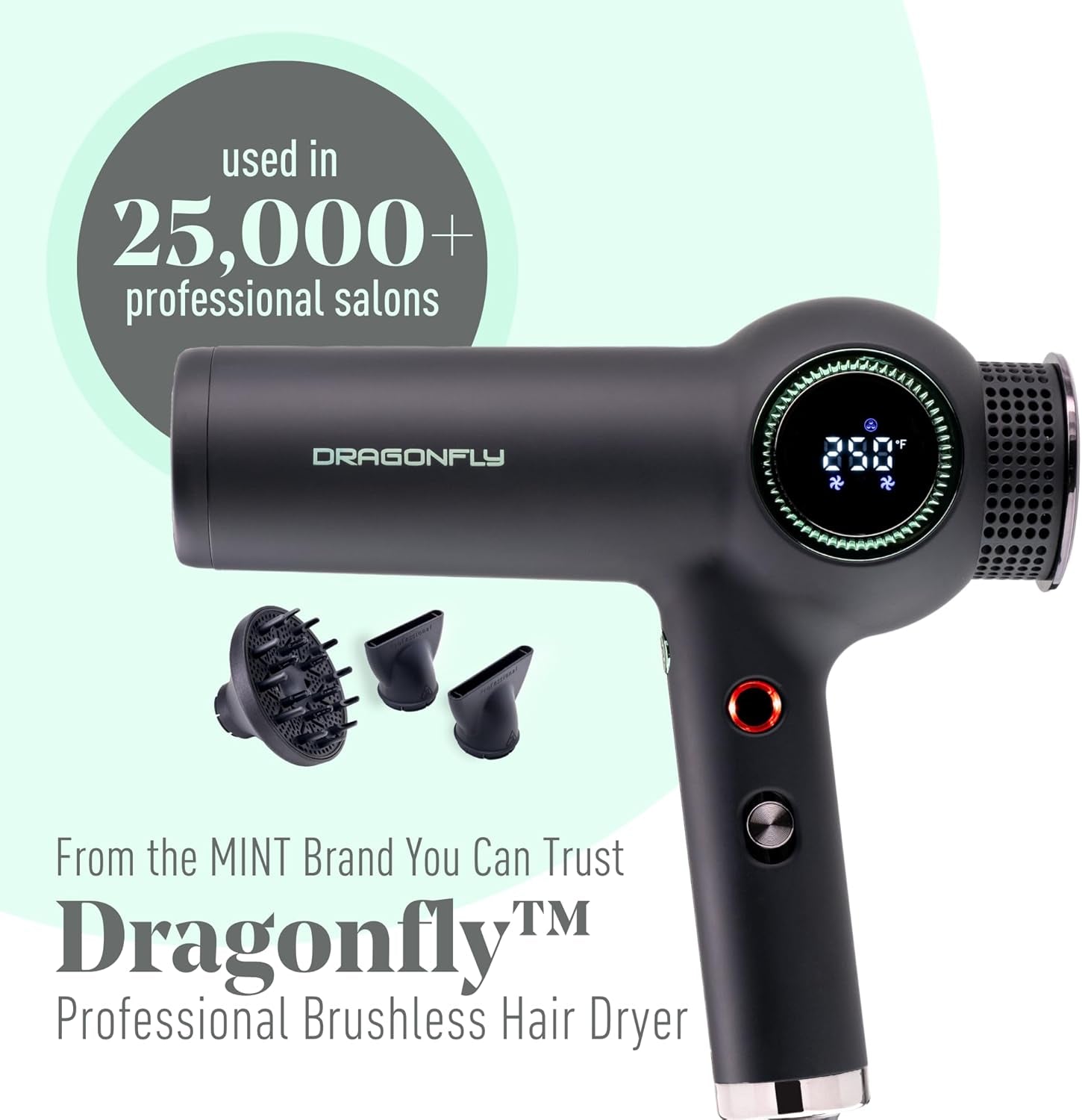 Dragonfly Ionic Hair Dryer with Diffuser | Lightweight Professional Hair Dryer | Smart Negative Ion | High Speed Hair Dryer | Brushless Ionic Blow Dryer | Low EMF