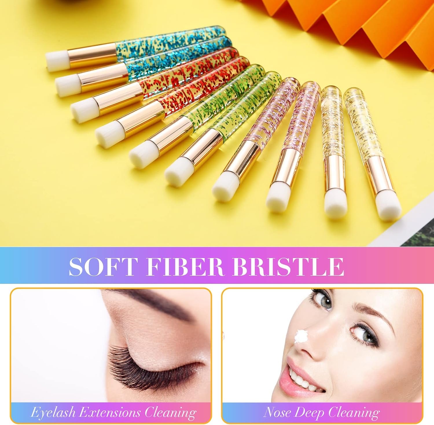 50 Pcs Crystal Lash Shampoo Brushes with Container Glitter Eyelash Extension Cleanser Brush Cosmetic Lash Cleansing Brush Facial Nose Pore Deep Cleaning Brush, Gold, Pink, Red, Green, Blue