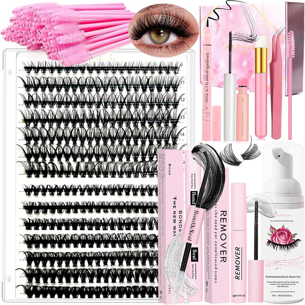 DIY Extension Kit 280 Pcs 9-16Mm 30D+40D Individual Lashes Clusters with Bond and Seal Glue Remover, Eyeliner, Mascara, Tweezers, Shampoo, Cleansing Brush