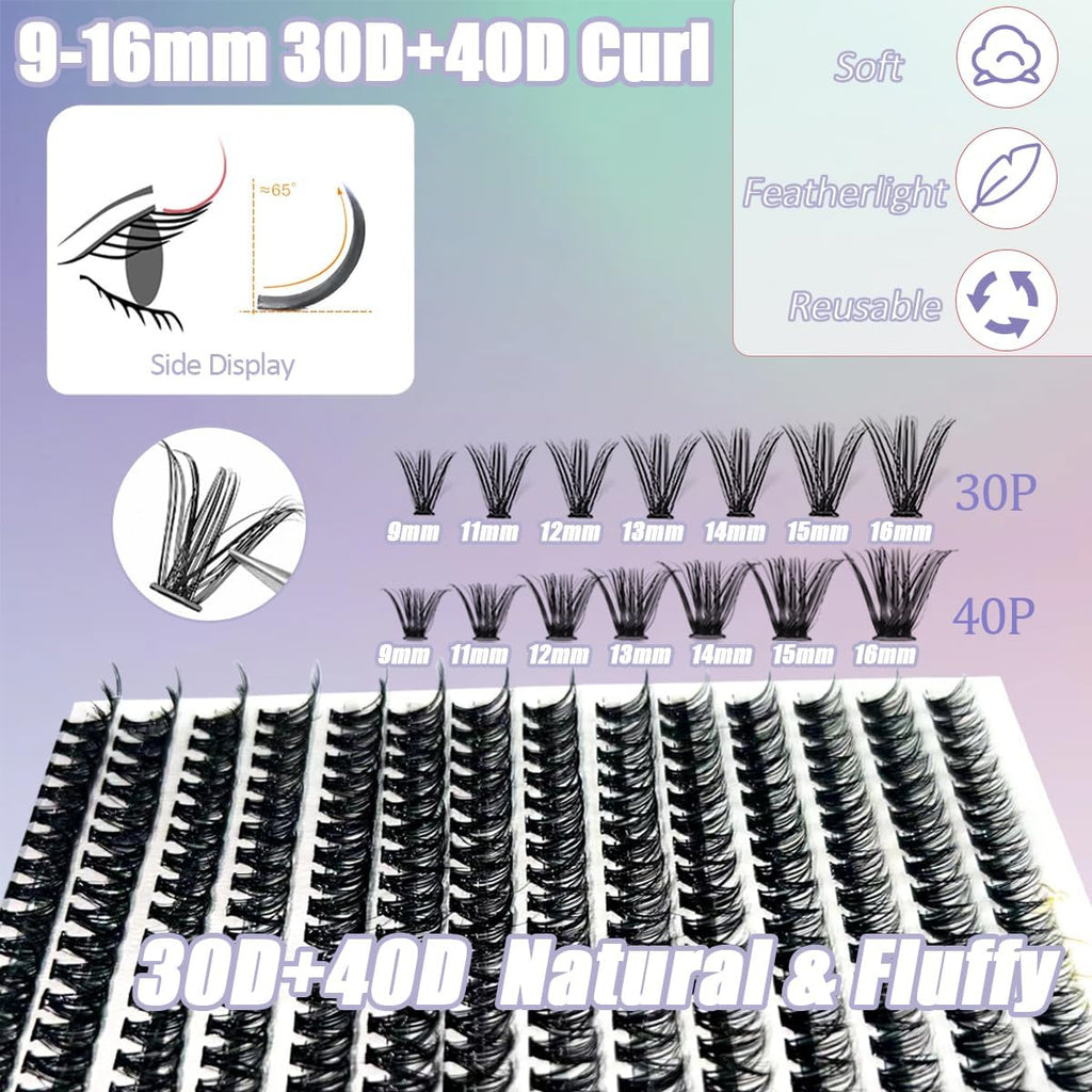 DIY Extension Kit 280 Pcs 9-16Mm 30D+40D Individual Lashes Clusters with Bond and Seal Glue Remover, Eyeliner, Mascara, Tweezers, Shampoo, Cleansing Brush