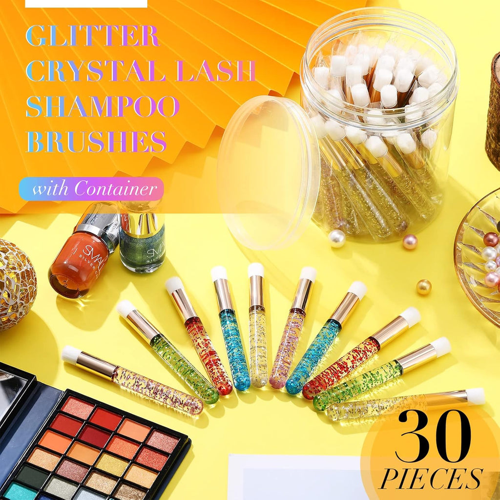 50 Pcs Crystal Lash Shampoo Brushes with Container Glitter Eyelash Extension Cleanser Brush Cosmetic Lash Cleansing Brush Facial Nose Pore Deep Cleaning Brush, Gold, Pink, Red, Green, Blue