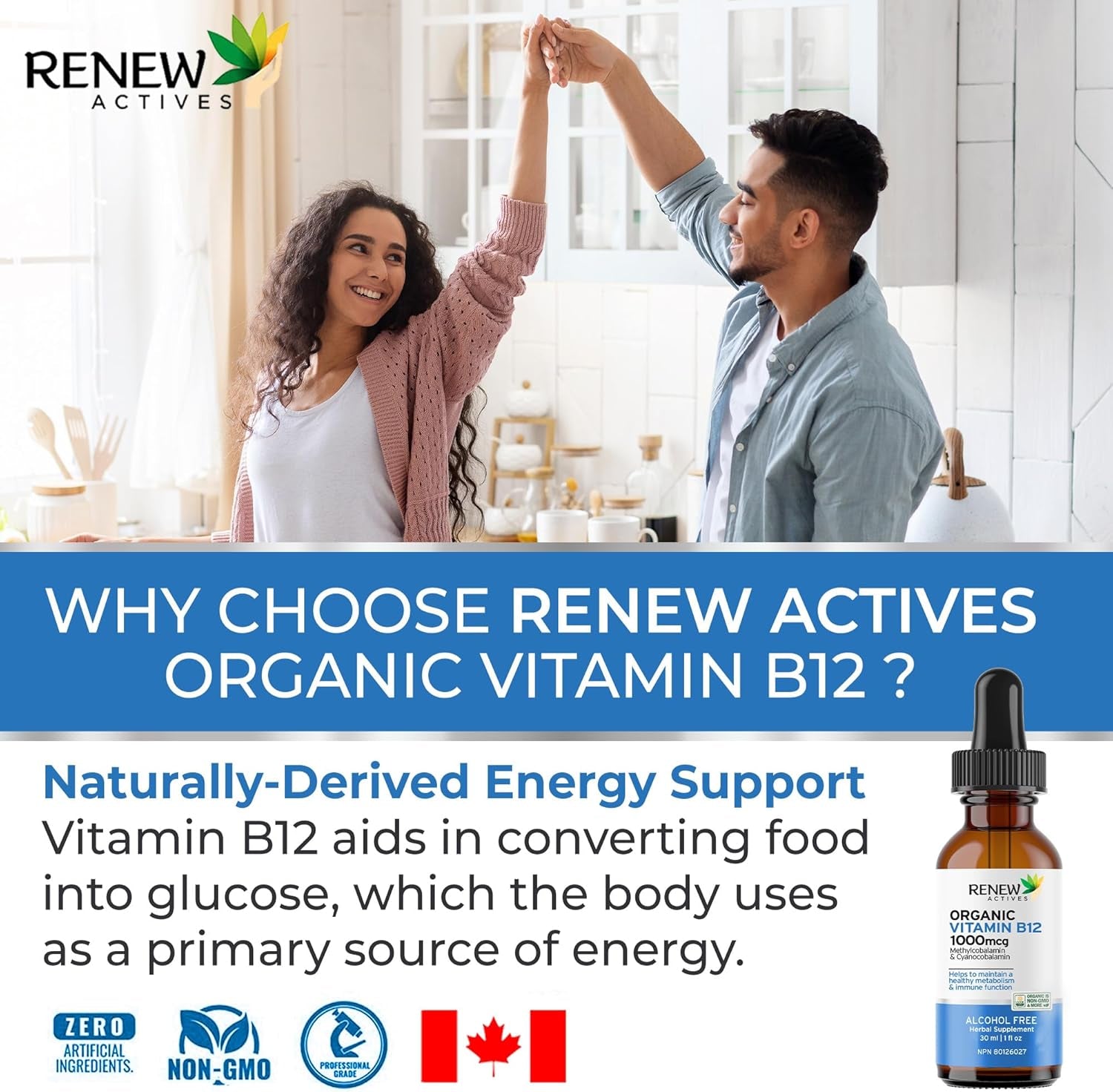 Premium B12 Liquid Extract Supplement 1000MCG per 1 Ml – Vegan Drops with High-Potency Complex for Healthy Skin, Strong Nails, Vibrant Hair & Immune Support– Made in Canada - 30 Ml
